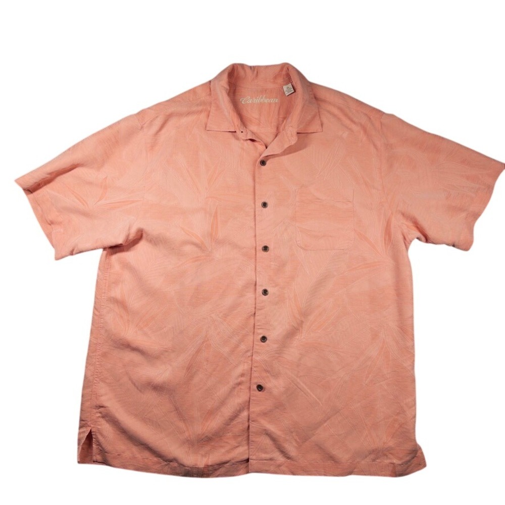 Caribbean Button Down Shirt Mens XL Pink Palm Leaf Jacquard Modal Blend Tropical